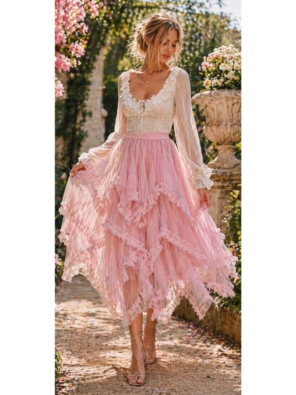 Pink Tulle Ruffle Skirt Asymmetrical Hem Balletcore Cottagecore Midi SZ Small